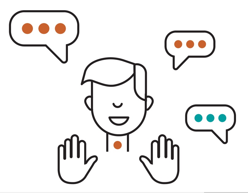 graphic: person with the hole in the neck, hands, quotes symbolizing speech